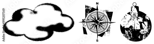 Grunge style vector illustrations featuring weather symbol, navigational tool, and sailing vessel ideal for vintage maps, travel graphics, or adventure themed designs.