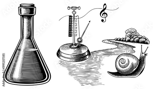 Retro etched drawing featuring laboratory flask, tempo regulator, gastropod, treble clef inked engraving, woodcut style graphic, art.