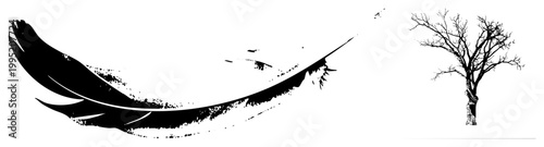 feather illustration and leafless tree graphic, stylized plumage and deciduous arboreal, flat design elements for logos or print.