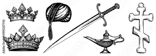 Illustrated collection of regal and legendary emblems monarchy insignia, artifacts, ceremonial weapons, mystical objects, sacred symbols, headgear, magical relics.