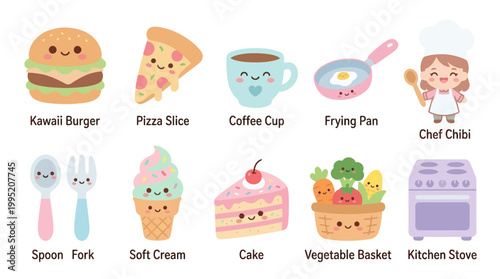 Cute Kawaii Food  Kitchen Icons: Burger, Pizza, Ice Cream, Stove, Chef