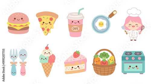 Kawaii Food and Kitchen Elements Flat Vector Icons Set
