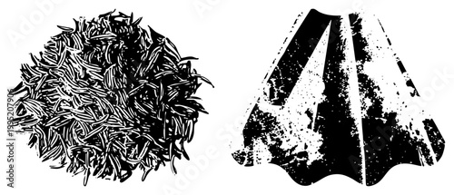 Rice grain pile and abstract conical form rendered in high contrast, stylized grain cluster and geometric cone, halftone like texture and rough edge design.