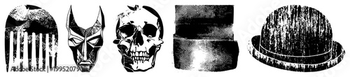 Stylized black and white vector including a comb mask, angular face, skull, top hat, and bowler also known as glyph symbols or halftone emblems for branding or UI design.