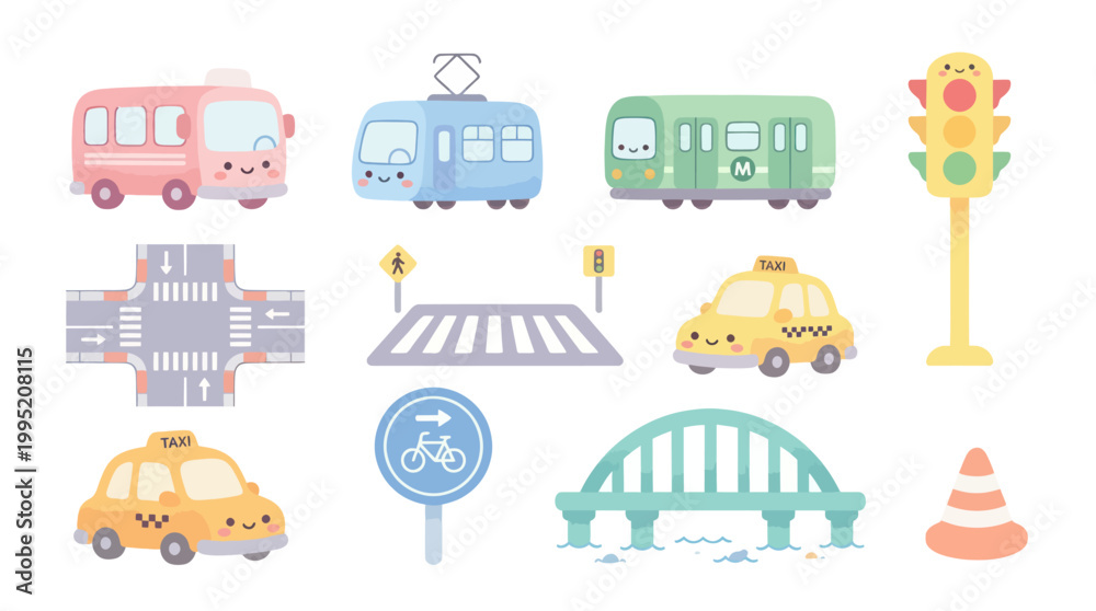 Naklejka premium Cute Cartoon Transportation Icons: Bus, Train, Taxi, Traffic Lights, Bridge