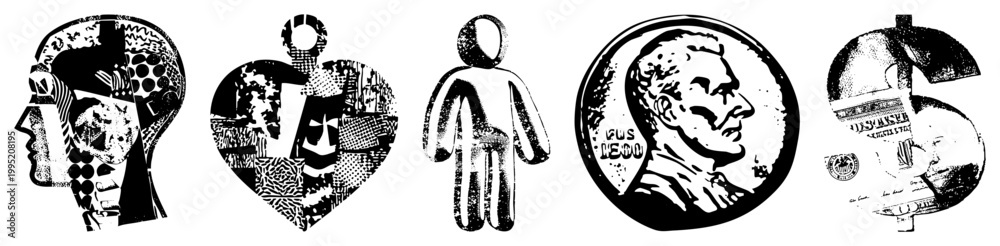 Fototapeta premium Black and white halftone graphic set including cerebral profile, anatomical heart, unisex figure, U.S. coin portrait, currency symbol also called stipple art or dot matrix illustrations.
