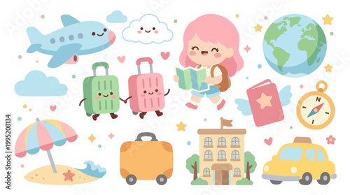 Cute Flat Vector Travel and Tourism Icon Set with Airplane, Suitcases, and Happy Traveler Girl