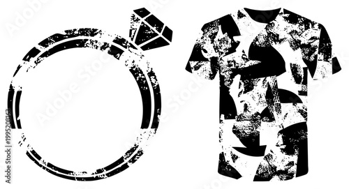 Distressed engagement ring with faceted gem, abstract camo style tee graphic, halftone texture, silhouette, apparel design element.