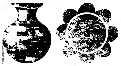 Weathered ceramic vase and stylized sunflower graphic, distressed vector art, vintage stamp effect, silhouette set, retro emblem design.