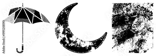 Graphic design elements featuring umbrella, distressed moon, and noise texture panel ideal for print, branding, or digital assets.