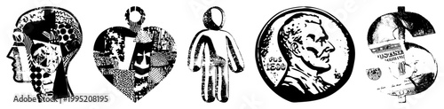 Black and white halftone graphic set including cerebral profile, anatomical heart, unisex figure, U.S. coin portrait, currency symbol also called stipple art or dot matrix illustrations.