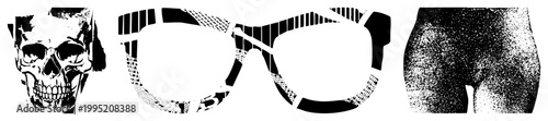 Graphic trio featuring a skull, abstract eyewear, and halftone rear view gothic, avant garde frames, dot matrix anatomy, illustration.