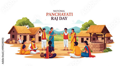 Illustrative vector art depicting a village council meeting for National Panchayati Raj Day in India, showcasing rural governance and community development with traditional Indian clothing