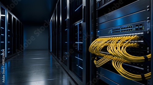 Inside of a server room, with rows of server cabinets filled with network equipment and cables