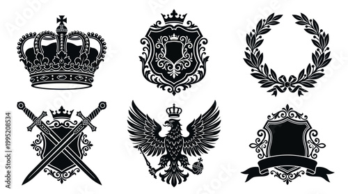 Royal Heraldic Emblems: Crown, Shields, Eagle, Wreath, Swords Vector Art