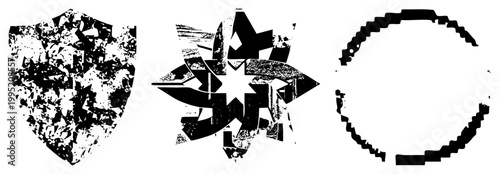 Digital glitch art symbols rendered as cutout glyphs shield emblem, explosive starform, fragmented circle. Also known as distressed vector badges or pixel distorted. Ideal for UI design.