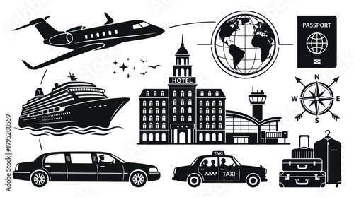 Black  White Travel and Tourism Glyph Icons Set: Transportation, Hospitality, Passport, Luggage