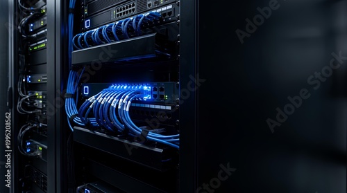 Modern data center server equipment, showcasing technology and data transfer