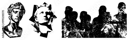 Classical Greco Roman sculpture portraits rendered as stylized vector graphics, antique statuary, historical figure silhouettes, archaeological art assets.