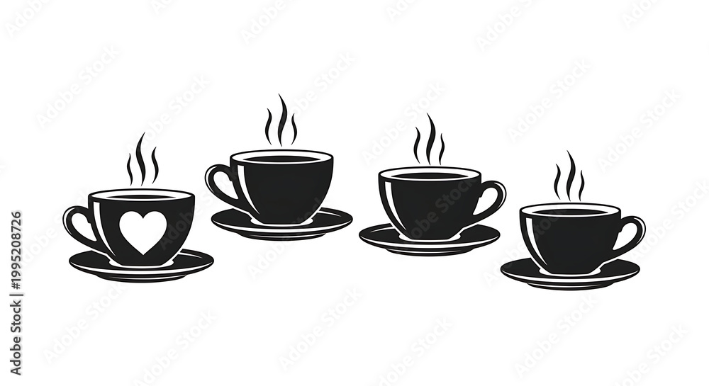 Fototapeta premium Four black coffee cups with saucers and steam rising isolated on white background
