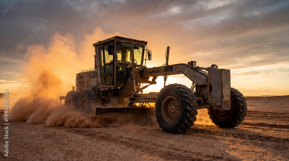 Obraz premium Heavy Duty Grader with Angled Blade Across Dusty Desert Expanse in Warm Sunset Glow