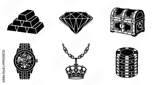 Black and White Icons: Gold Bars, Diamond, Chest, Watch, Crown, Chips