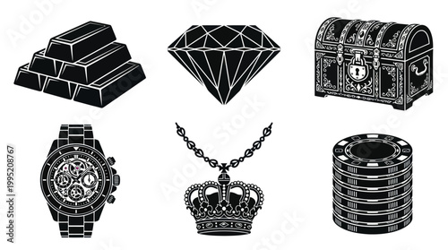 Black and White Icons of Luxury Treasures: Gold, Diamond, Chest, Watch, Crown, Chips