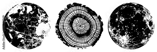 Abstract planetary spheres rendered in black and white, featuring halftone dots, radial grids, and stippled surfaces cosmic globes, astral orbs, space themed for graphic design.