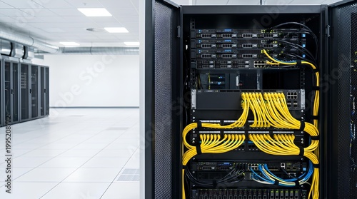 Modern server room with advanced technology and organized cable system. The servers are neatly arranged inside the rack