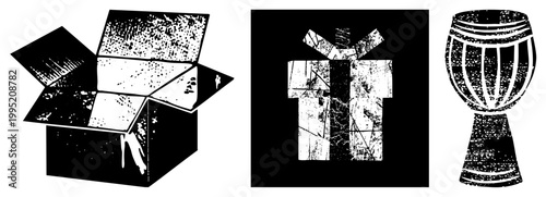 Distressed set featuring unboxed container, wrapped present, and African hand drum also called scratchy glyphs, weathered symbols, or vintage emblems for design projects.