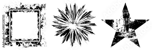 Distressed graphics weathered frame, radial burst, gritty star perfect for punk, urban, vintage. Also known as distressed emblems or stenciled.