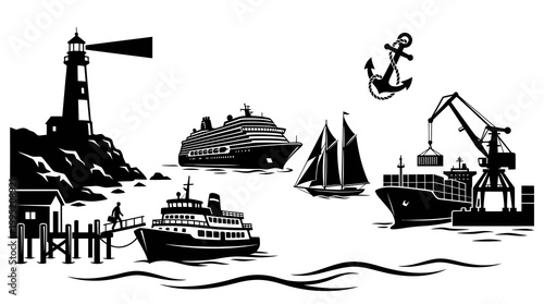 Black  White Vector Illustration of Maritime Transportation and Port Operations