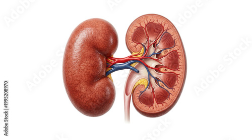 Anatomical illustration of human kidneys with detailed internal structures