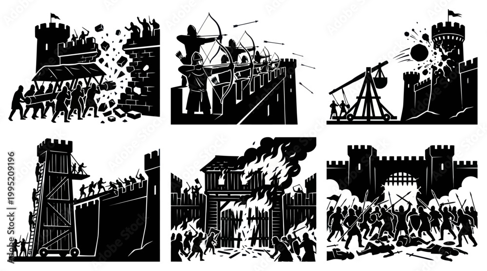 Obraz premium Medieval Warfare Castle Siege Icons. Historical Military Attack Silhouette Vector Set