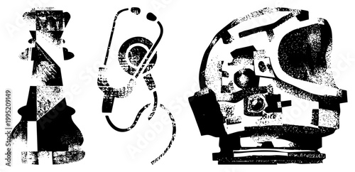 Rugged vector symbols featuring chess pawn, stethoscope, and camera gear gritty halftone design for edgy branding or use.