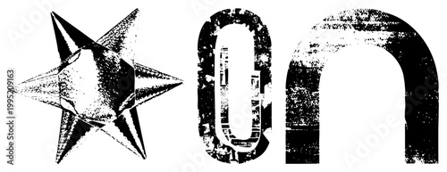 Distressed typographic elements featuring a star glyph and letters “O” and “n”, rendered in gritty halftone style ideal for edgy branding or punk design.