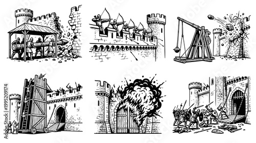 Medieval Warfare Siege Operations Black  White Line Art Illustration Set