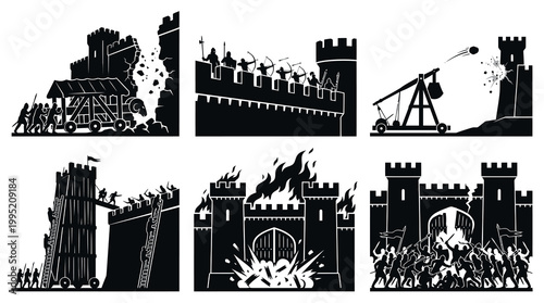 Historic Medieval Castle Siege Warfare - Black  White Silhouette Icons Set