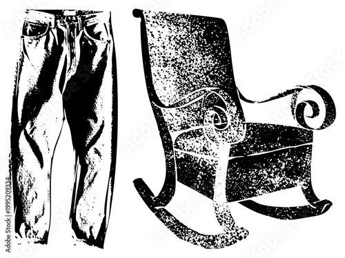 Retro style trousers and classic wooden rocker rendered in halftone dot, ideal for print design or apparel graphics, also known as denims and cradle chairs.