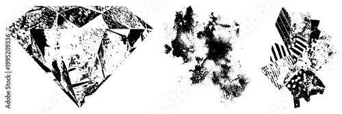 Rugged gemstone illustration, abstract shape, weathered sparkle, distressed jewel graphic, halftone diamond silhouette, vintage gem motif.