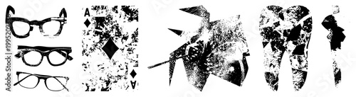 Distressed halftone graphics including spectacles, ace of diamonds card, fragmented abstract forms, and human silhouette ideal for urban streetwear or punk rock designs.