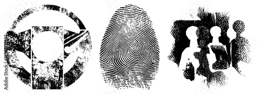 Distressed fingerprint, human silhouettes, circular emblem halftone vector for security/identity/UI. Alt biometric symbol, crowd, distressed glyph.