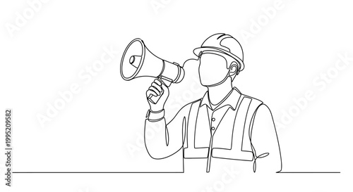 Man wearing hard hat holding megaphone.