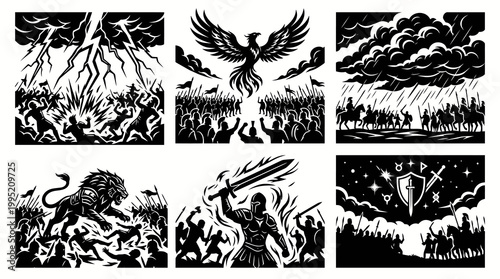 Black  White Silhouette Vector Illustrations of Epic Warfare, Fantasy  Mythical Battle Scenes
