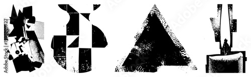 Stylized collage of fragmented shapes, angular abstraction, geometric deconstruction, modernist graphic design, avant garde visual language.