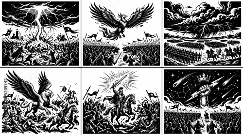 Epic Black and White Line Art of Fantasy Battles and Mythology