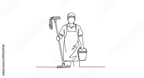 Man wearing apron holding bucket mop.