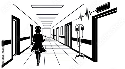Nurse walking in hospital corridor, IV drip and EKG line, black and white line art