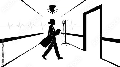 Black and White Silhouette of Doctor in Hospital Corridor with IV Drip and Heartbeat Line