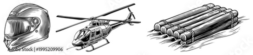 Hand drawn engraved vector trio motorcycle helmet (crash helmet), utility helicopter (chopper), bamboo raft (flotation device) ideal for adventure themes or retro design projects.